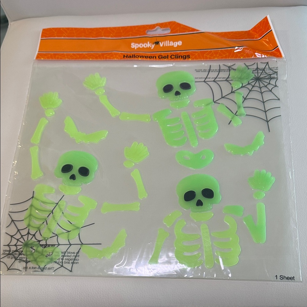BRAND NEW - Glow Green Skeleton Gel Clings - Halloween Party Decor